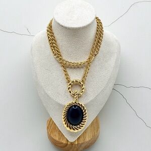 Vintage Monet Nautical Rope Style Gold Tone and Blue Cabochon Pendant Necklace